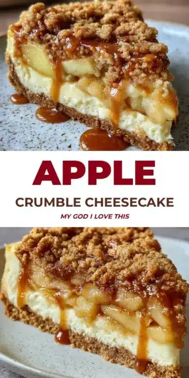 Delicious apple crumble cheesecake topped with a crunchy crumble layer