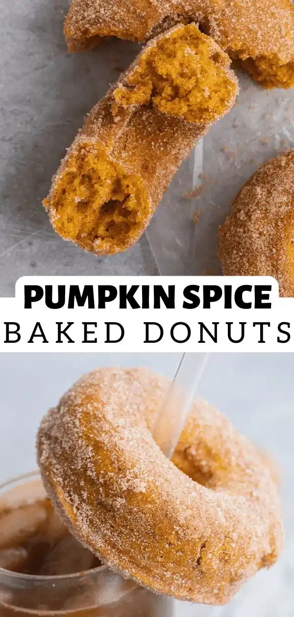 Baked pumpkin spice donuts topped with cinnamon sugar on a rustic wooden table