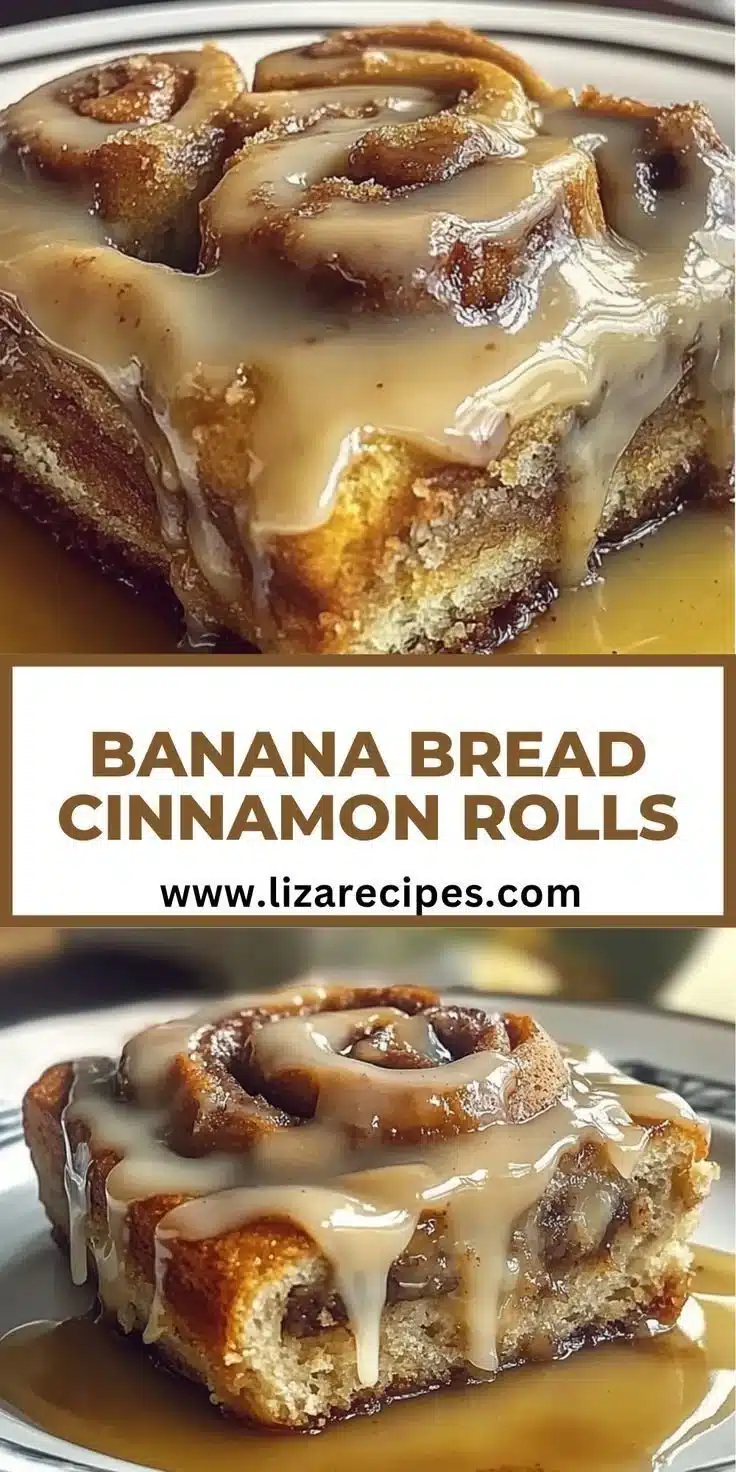 Freshly baked banana bread cinnamon rolls drizzled with icing.