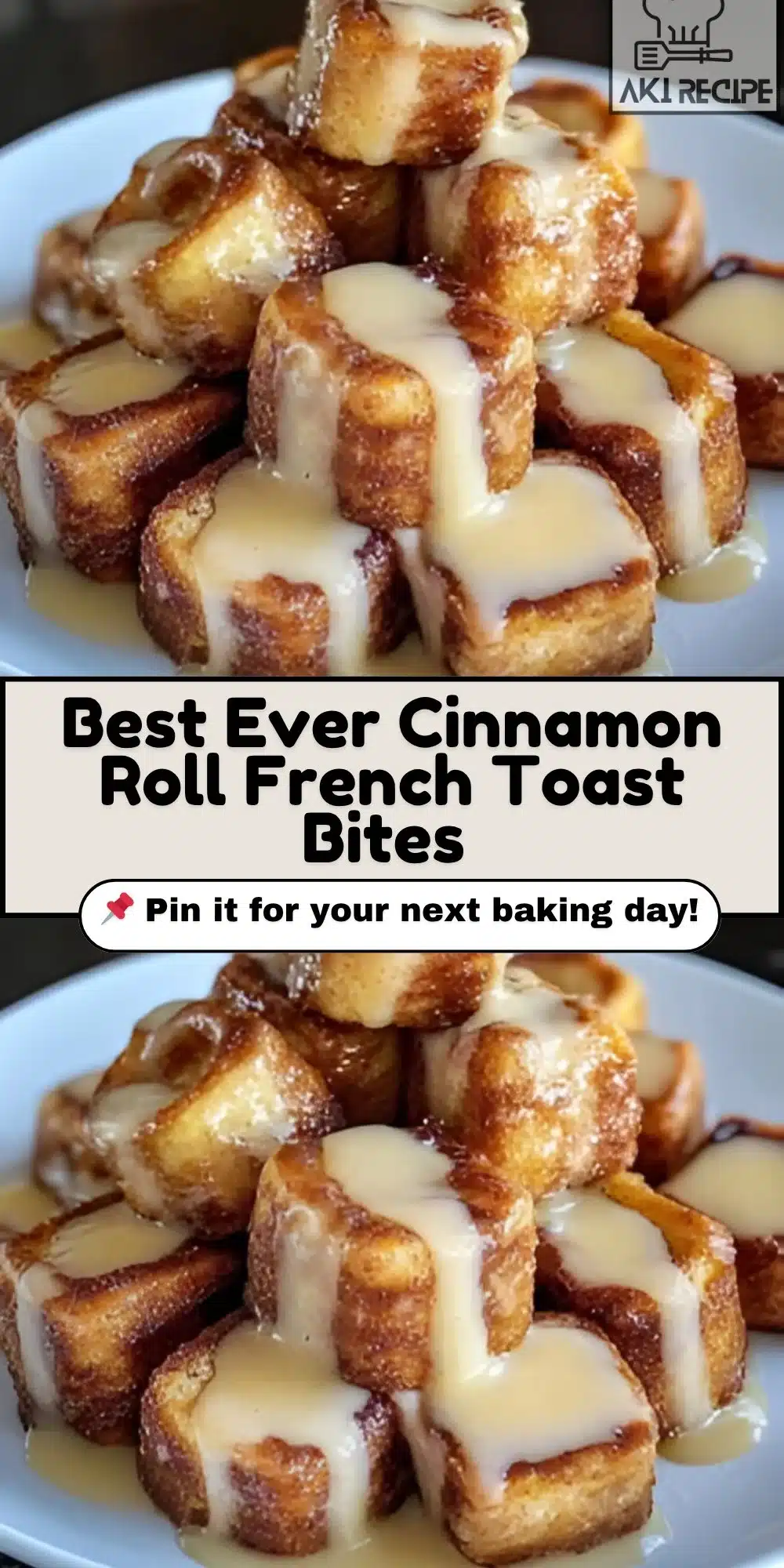 Delicious cinnamon roll french toast bites, gooey and soft, ready to serve.