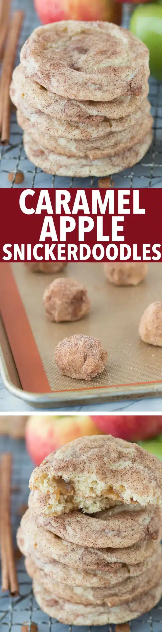 Delicious Caramel Apple Snickerdoodles with caramel drizzle and apple slices