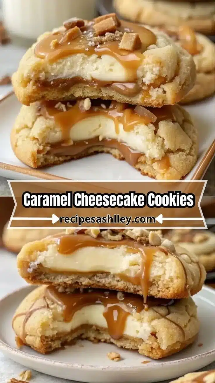 Delicious Caramel Cheesecake Cookies with creamy filling and caramel drizzle
