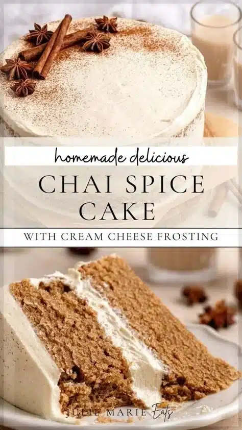 Delicious homemade chai cake topped with frosting and spices