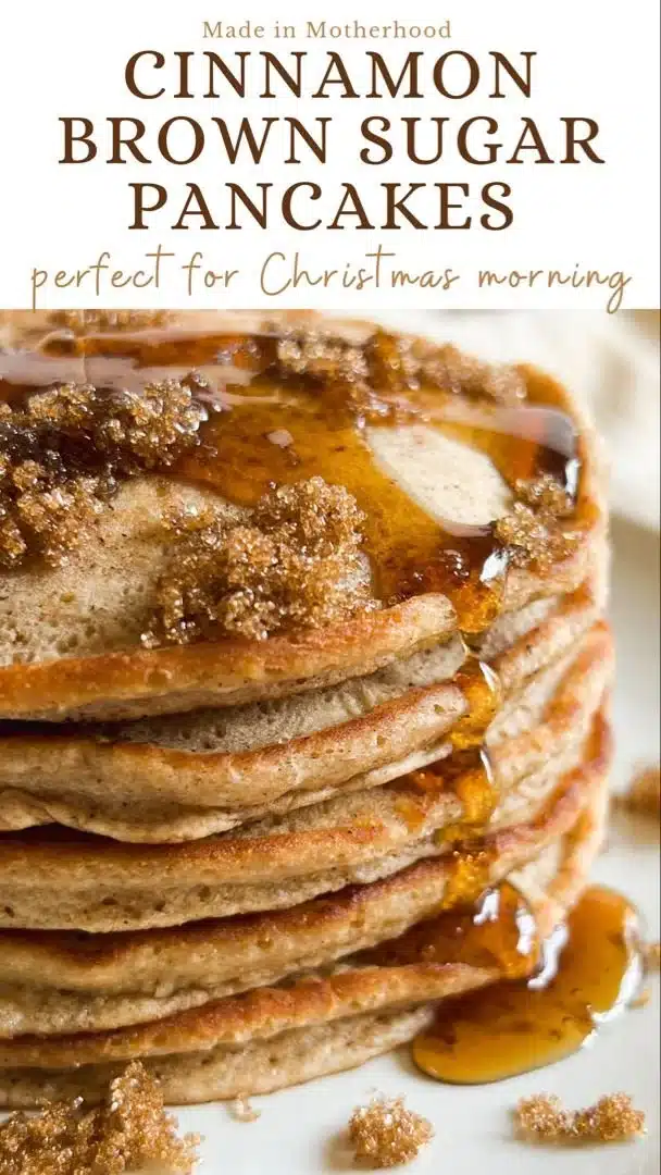 Fluffy cinnamon brown sugar pancakes stacked on a plate with syrup