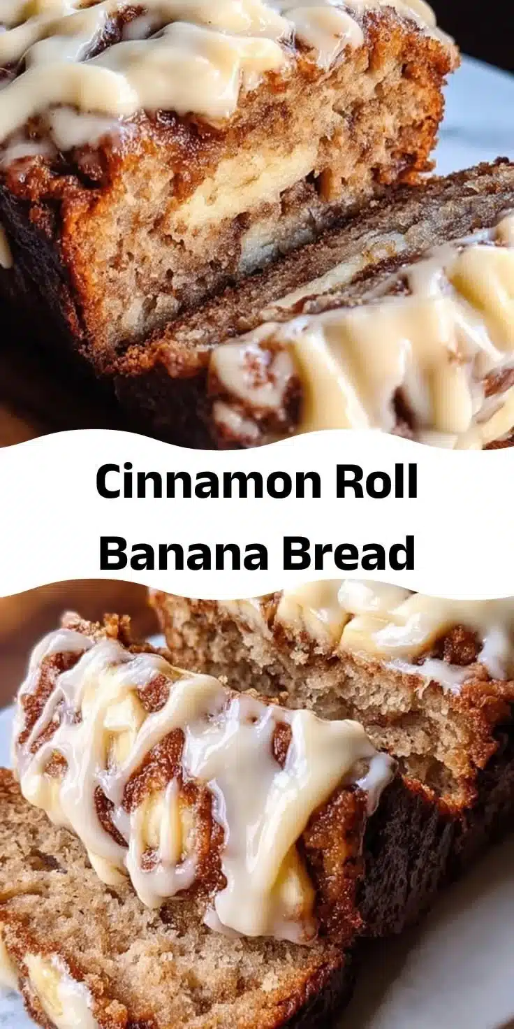 Deliciously baked cinnamon roll banana bread with a swirl of cinnamon.