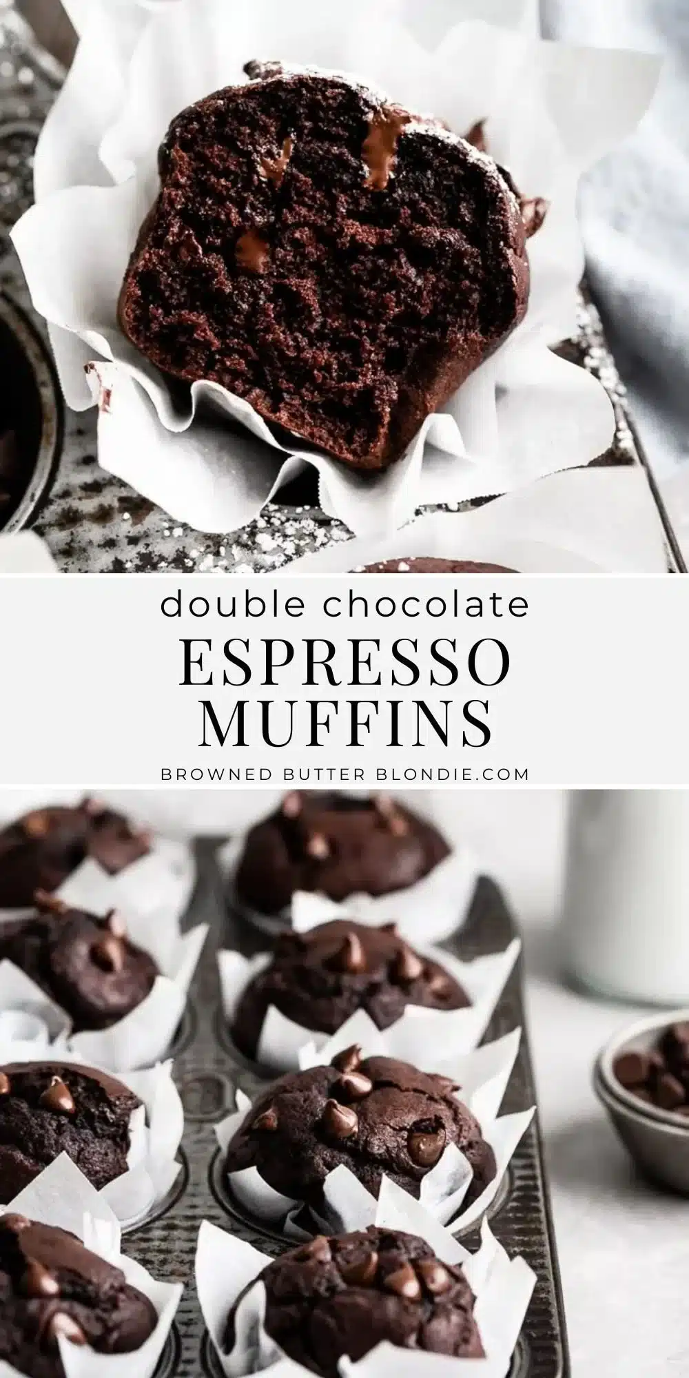 Double Chocolate Espresso Muffins with rich browned butter and chocolate chunks