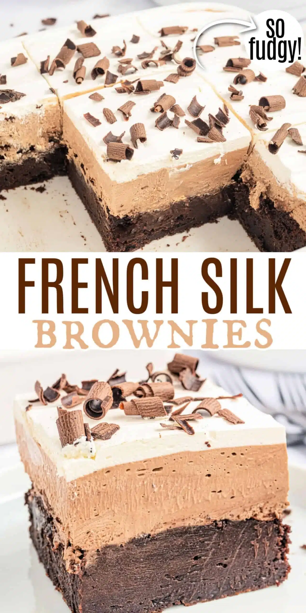 Delicious French Silk Brownies topped with whipped chocolate mousse and cream.
