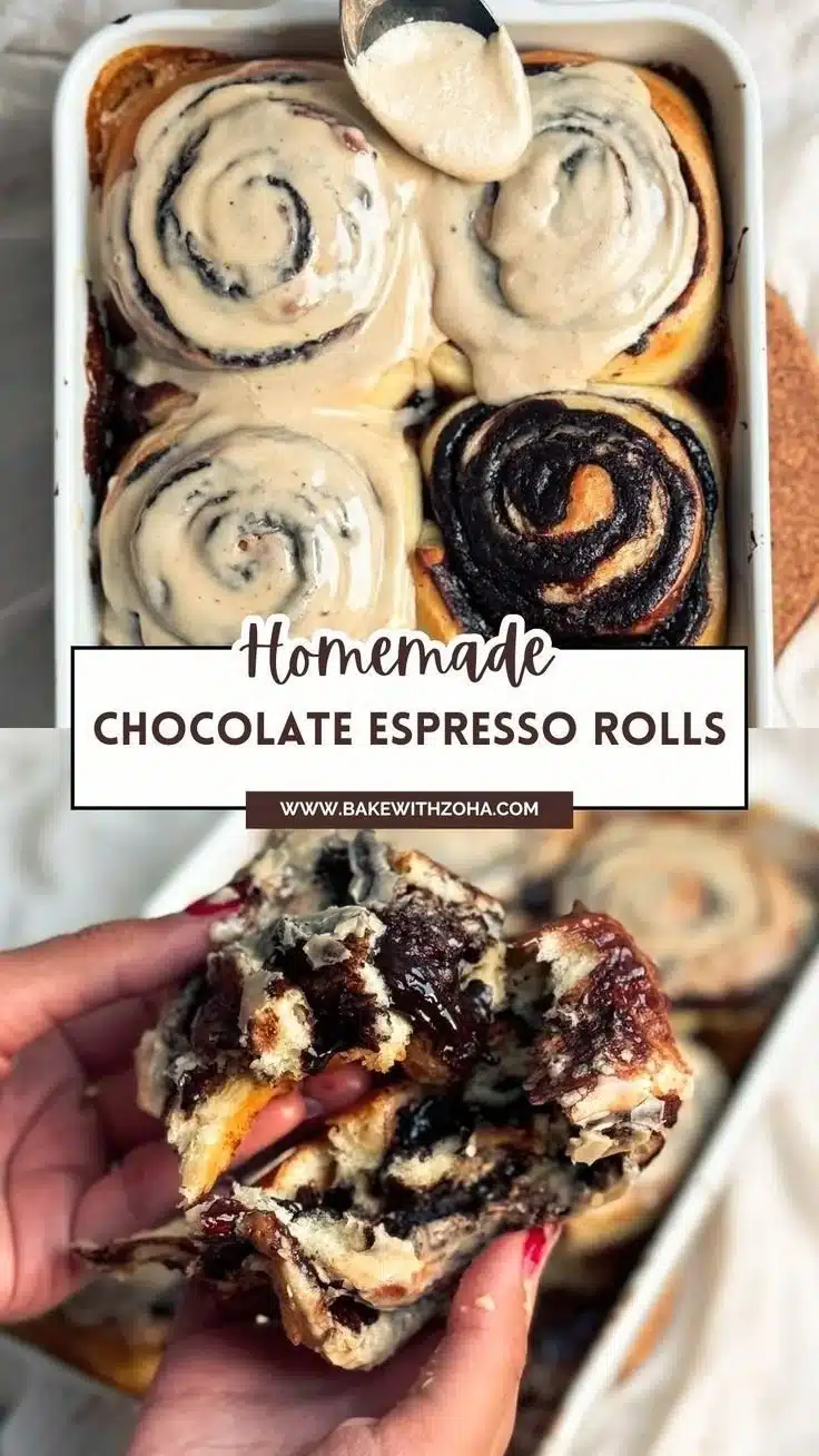 Gooey chocolate espresso rolls topped with melted chocolate and coffee drizzle.