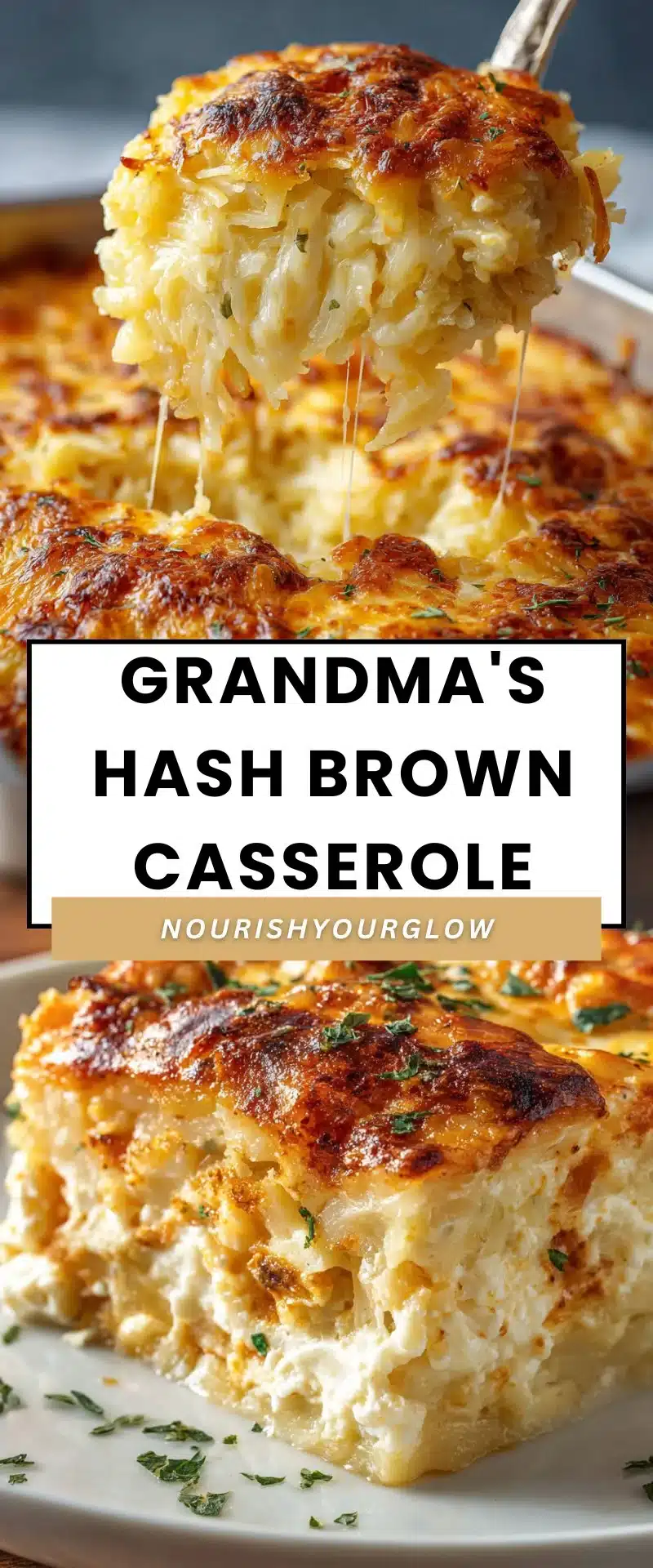 Delicious Grandma's Hash Brown Casserole ready to serve.
