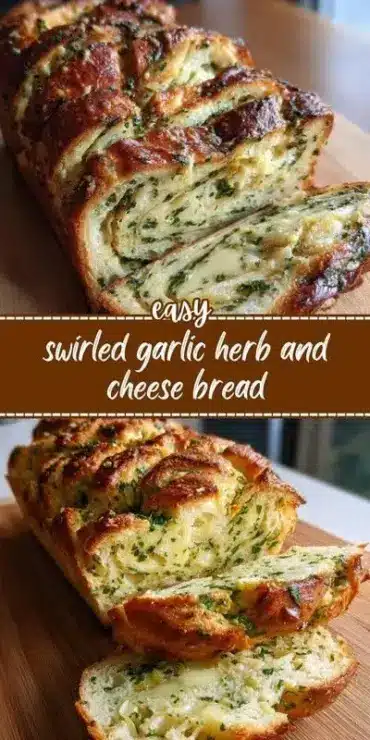 Heavenly swirled garlic herb and cheese bread freshly baked and sliced