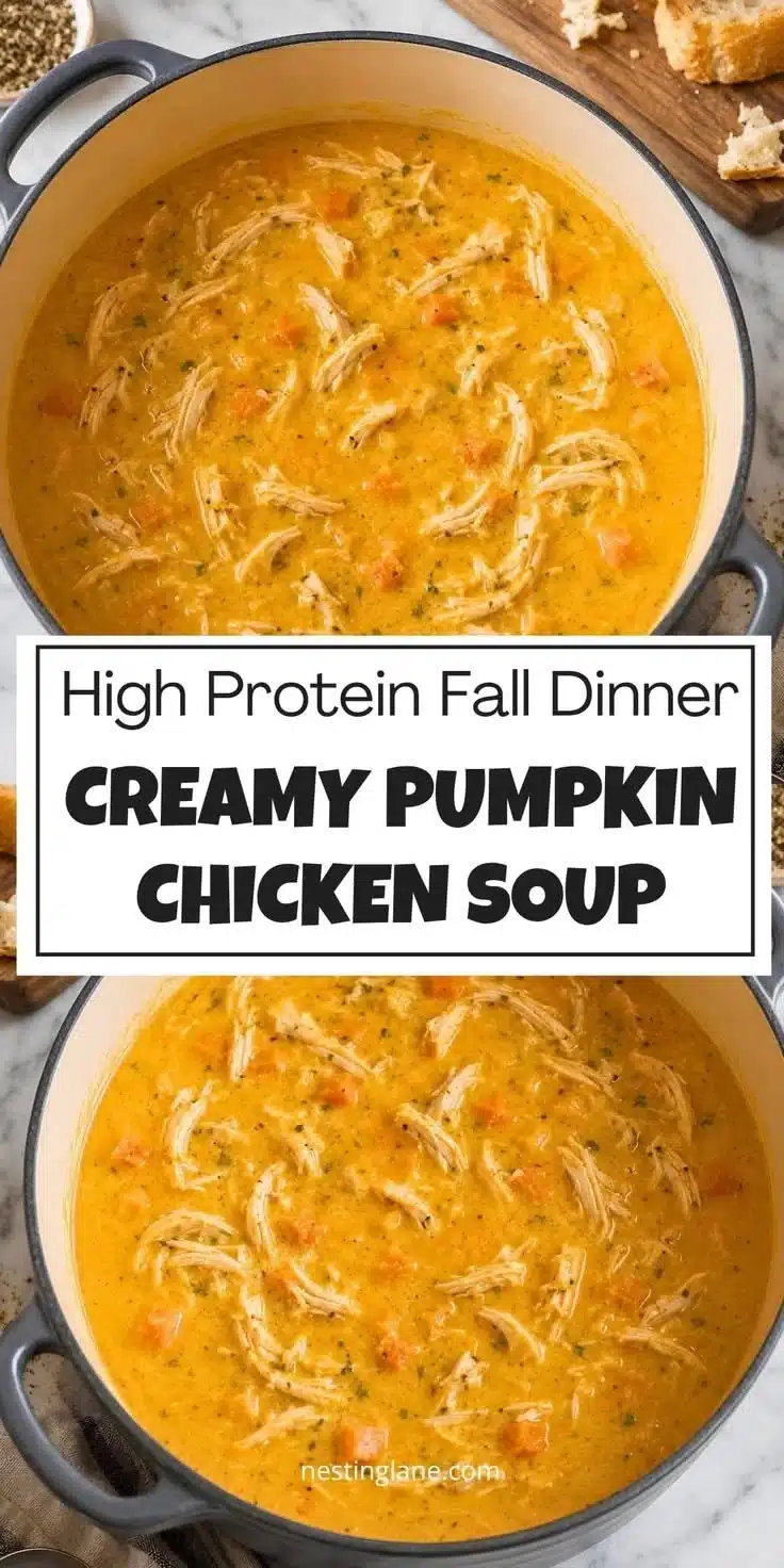 Bowl of high protein creamy pumpkin chicken soup topped with herbs and spices