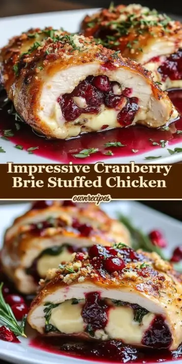 Delicious platter of Cranberry Brie Stuffed Chicken garnished with herbs.