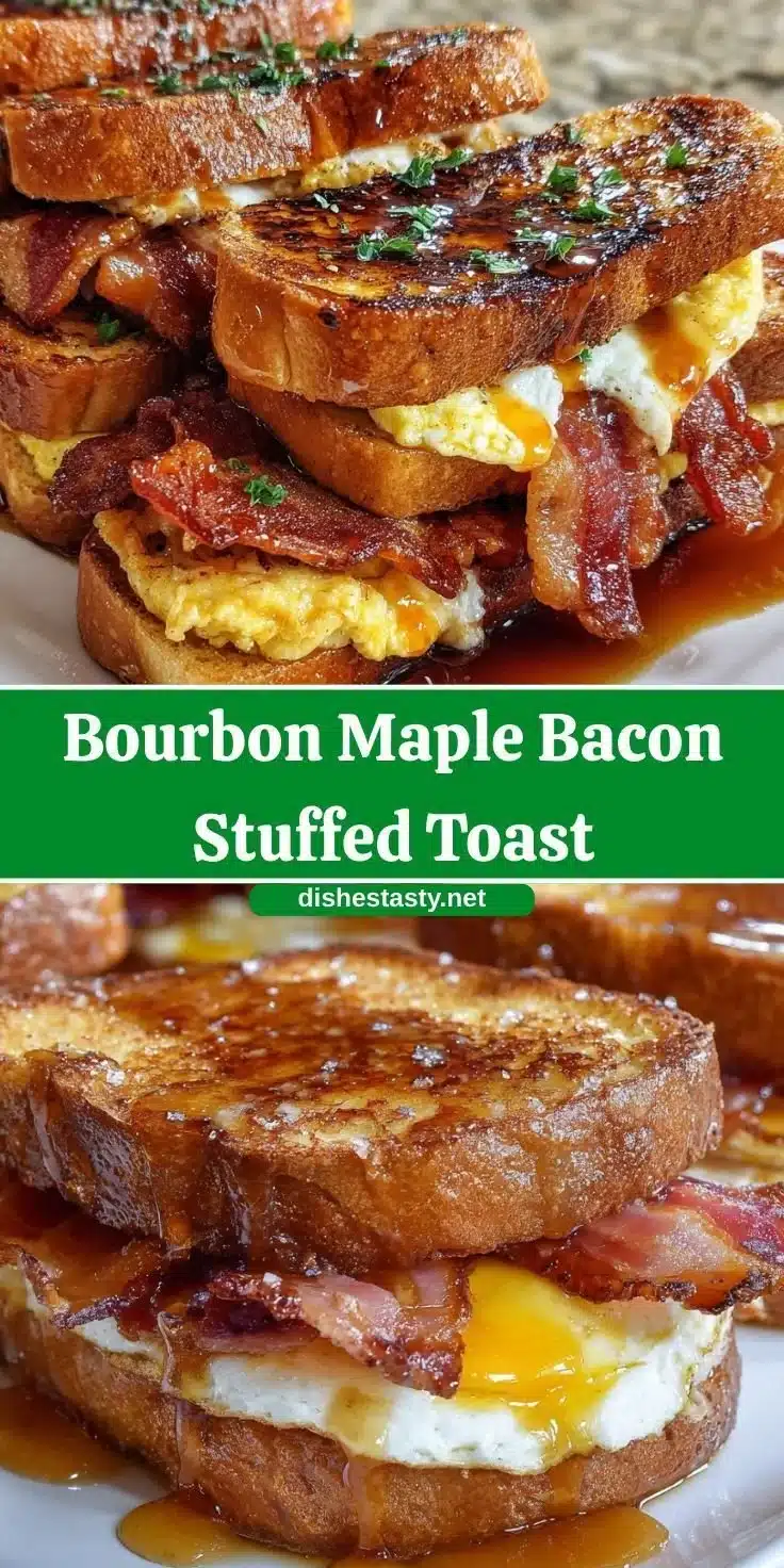 Delicious Bourbon Maple Bacon Toast topped with syrup and crispy bacon.