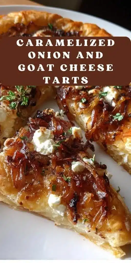 Golden caramelized onion tarts with goat cheese on a wooden table
