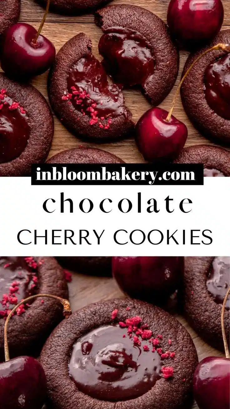 Delicious Chocolate Cherry Thumbprint Cookies on a dessert plate