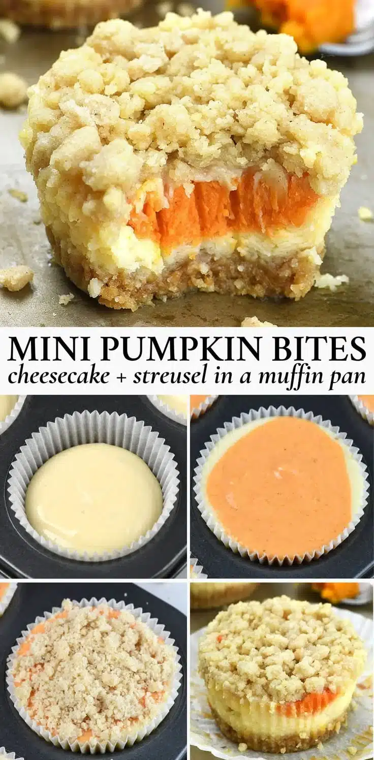 Mini pumpkin cheesecakes with streusel topping, perfect autumn dessert