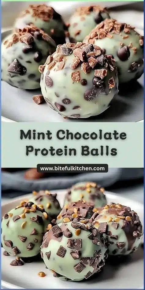 Mint chocolate chip protein balls stacked on a plate