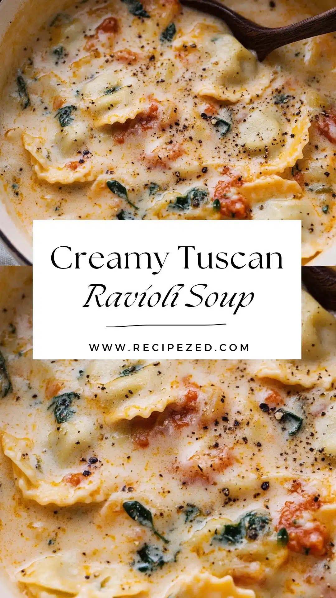Creamy One Oven Ravioli Soup garnished with herbs in a cozy bowl