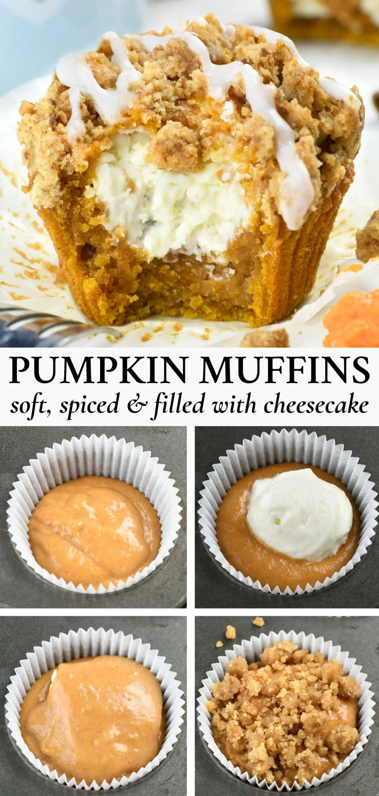 Freshly baked Pumpkin Cream Cheese Muffins with a cinnamon crumb topping