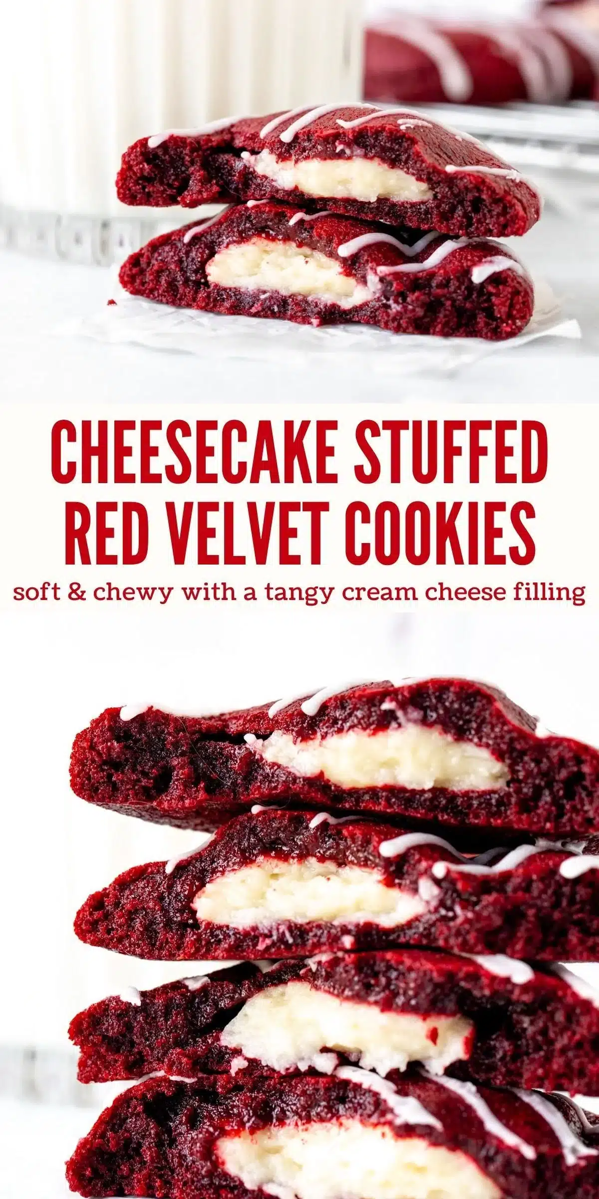 Delicious red velvet cheesecake cookies, soft and creamy dessert treat.