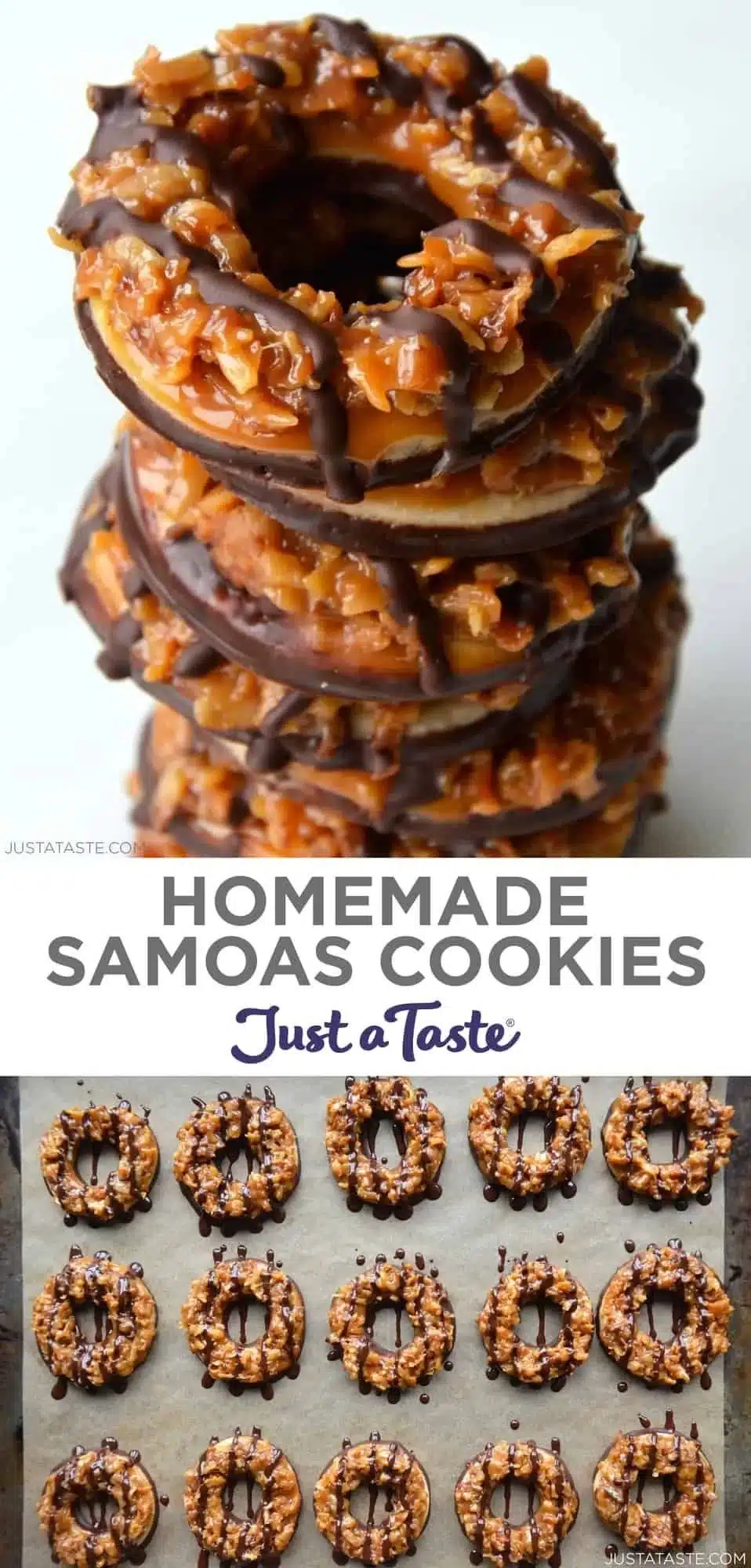 Homemade Samoas cookies stacked on a plate